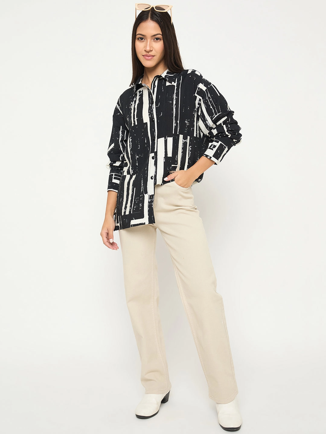Madame All Over Print Black Cotton Blend Full Shirt Work From Home