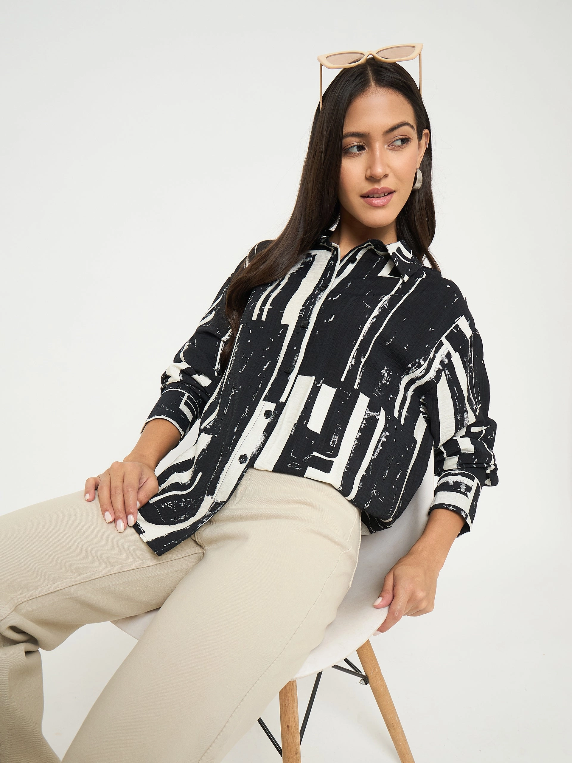 Madame All Over Print Black Cotton Blend Full Shirt Warm Weather Wear Waffle Weave