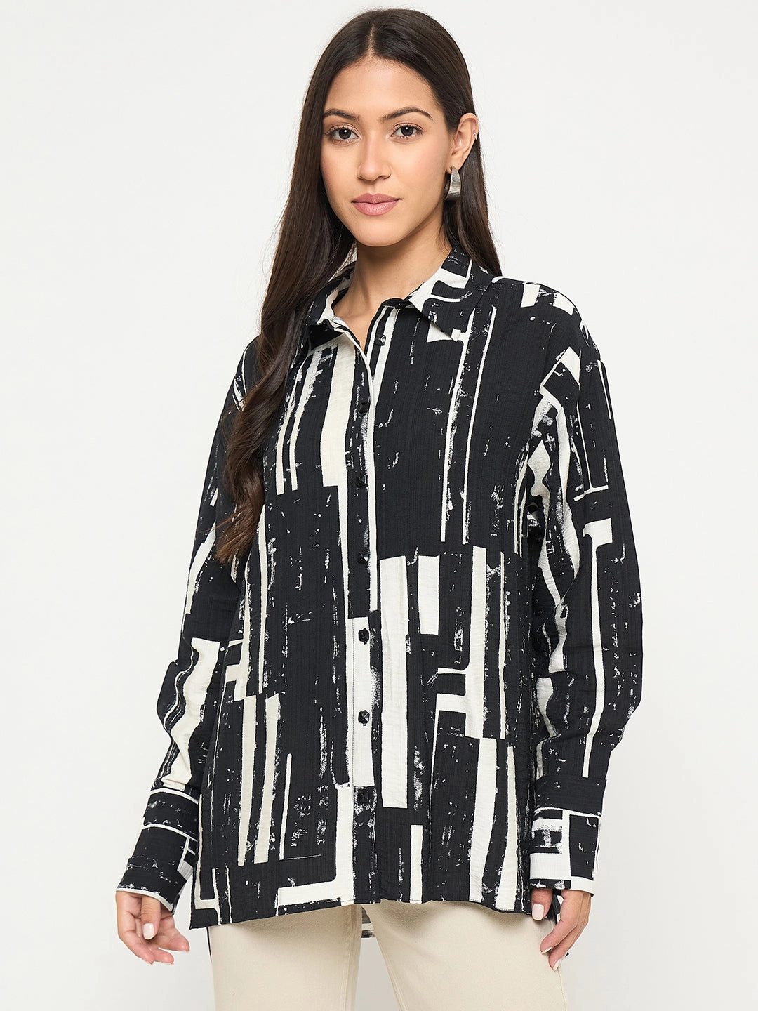Madame All Over Print Black Cotton Blend Full Shirt Comfortable Design