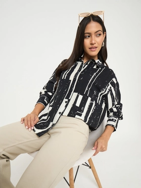 Madame All Over Print Black Cotton Blend Full Shirt Warm Weather Wear Waffle Weave