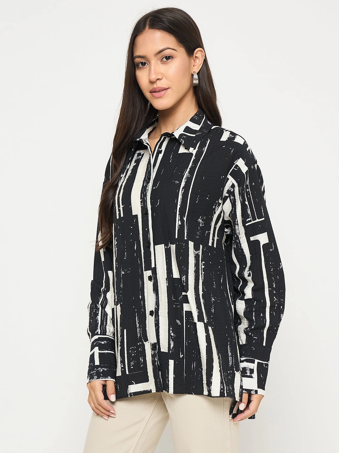 Madame All Over Print Black Cotton Blend Full Shirt Workwear Approved decorative element