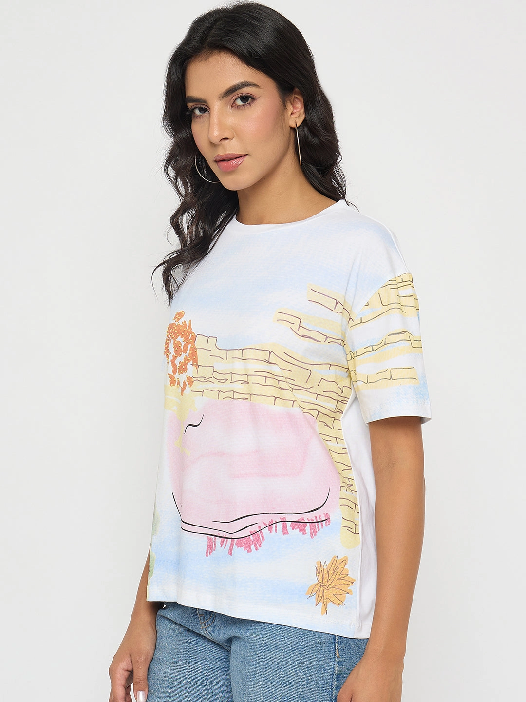 Madame All Over Print Cotton Blend White T-Shirt Cozy Layer