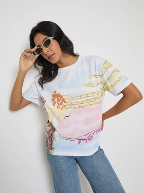 Madame All Over Print Cotton Blend White T-Shirt Easy Look Ultra Soft Blended Textile