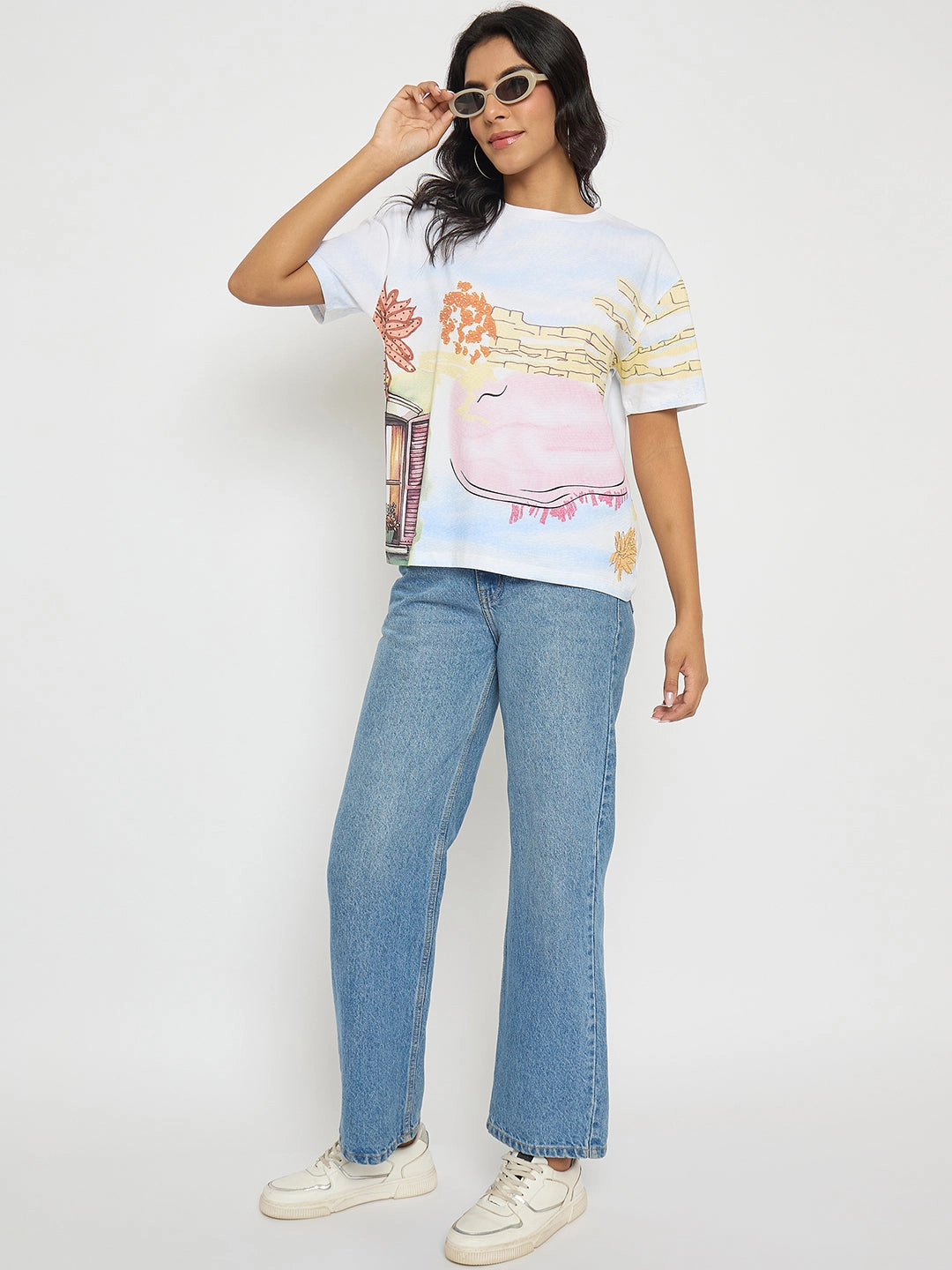 Bohemian style Urban Fashion Look Madame All Over Print Cotton Blend White T-Shirt