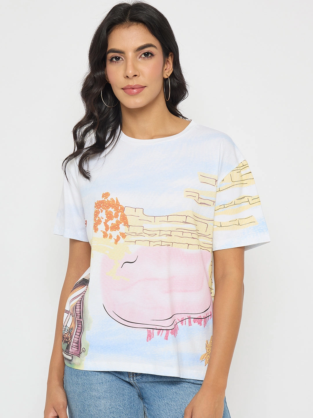 Casual Layers Madame All Over Print Cotton Blend White T-Shirt