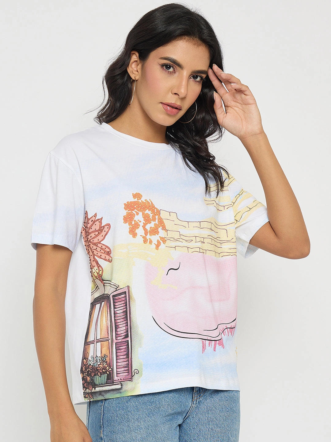 Stretchable Madame All Over Print Cotton Blend White T-Shirt
