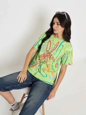 Madame All Over Print Half Sleeve Parrot Green Cotton T-shirt AntiPilling Universal Silhouette