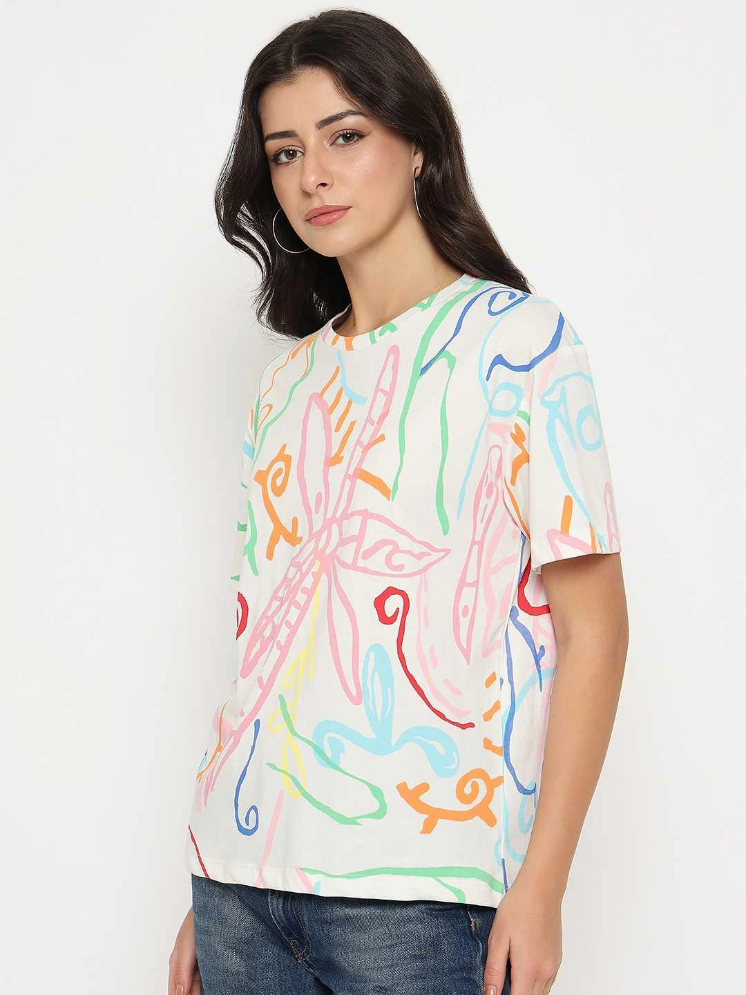 Breathable and Comfortable Madame All Over Print Half Sleeve White Cotton T-shirt