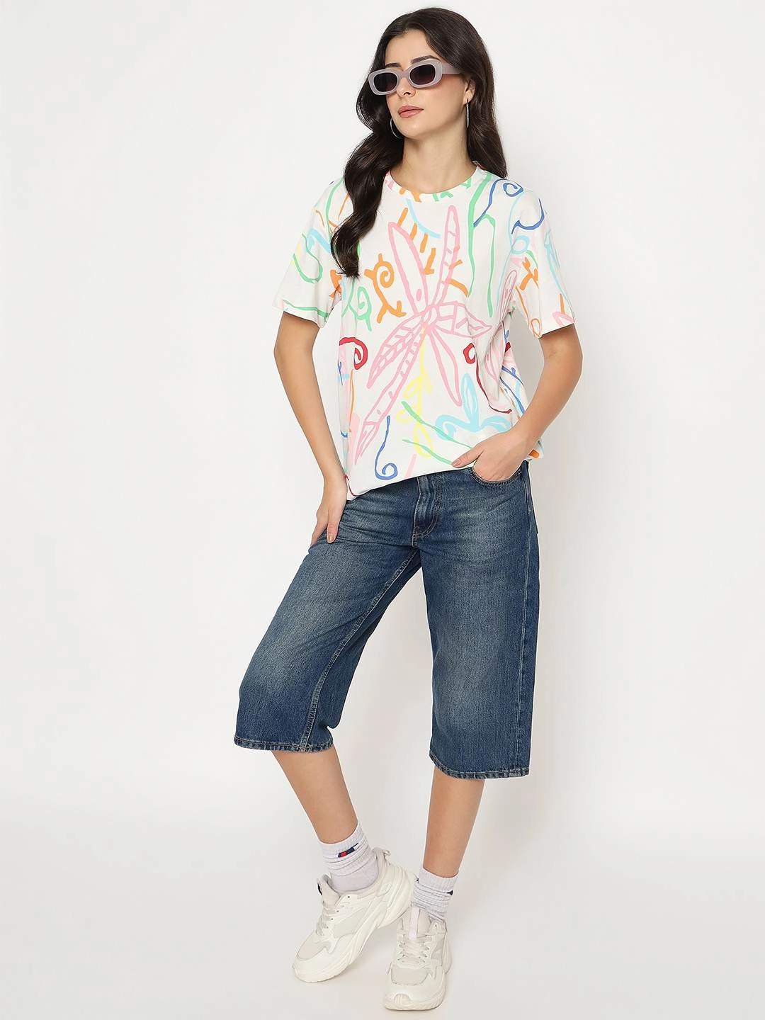 Minimal Layers Madame All Over Print Half Sleeve White Cotton T-shirt