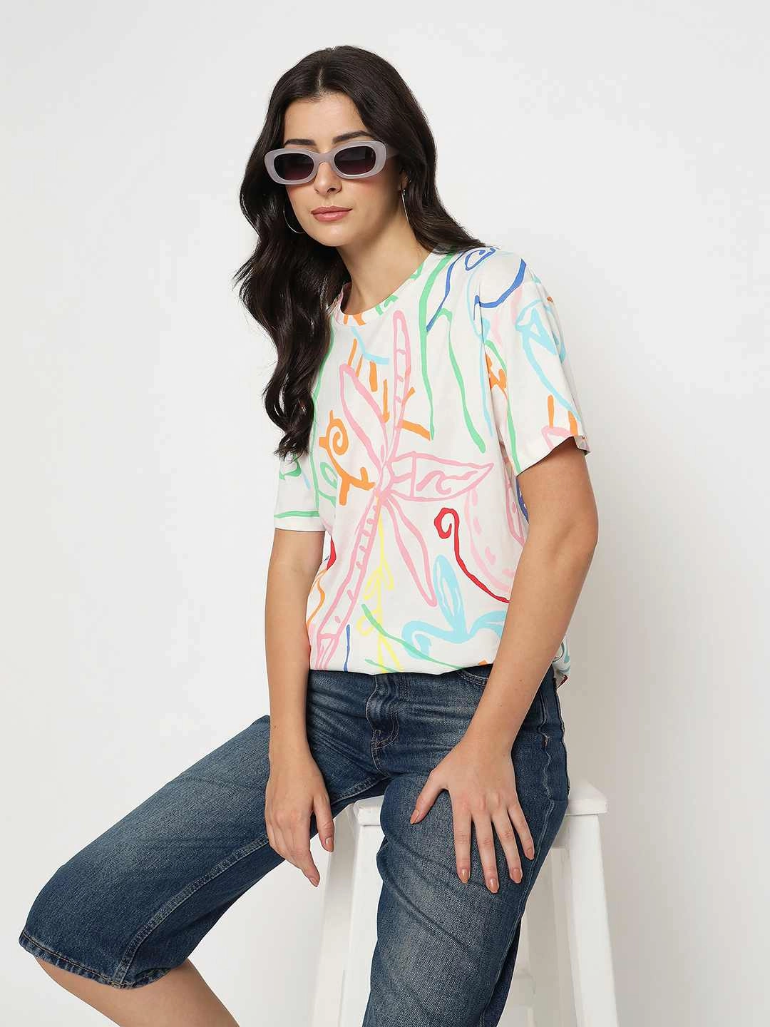 Madame All Over Print Half Sleeve White Cotton T-shirt Anti Bacterial Treatment Stretchable