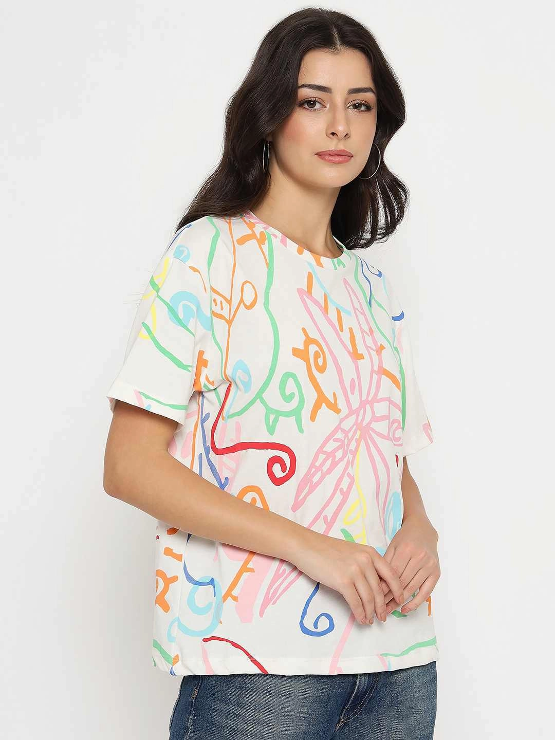 Madame All Over Print Half Sleeve White Cotton T-shirt LayeredHemDetails