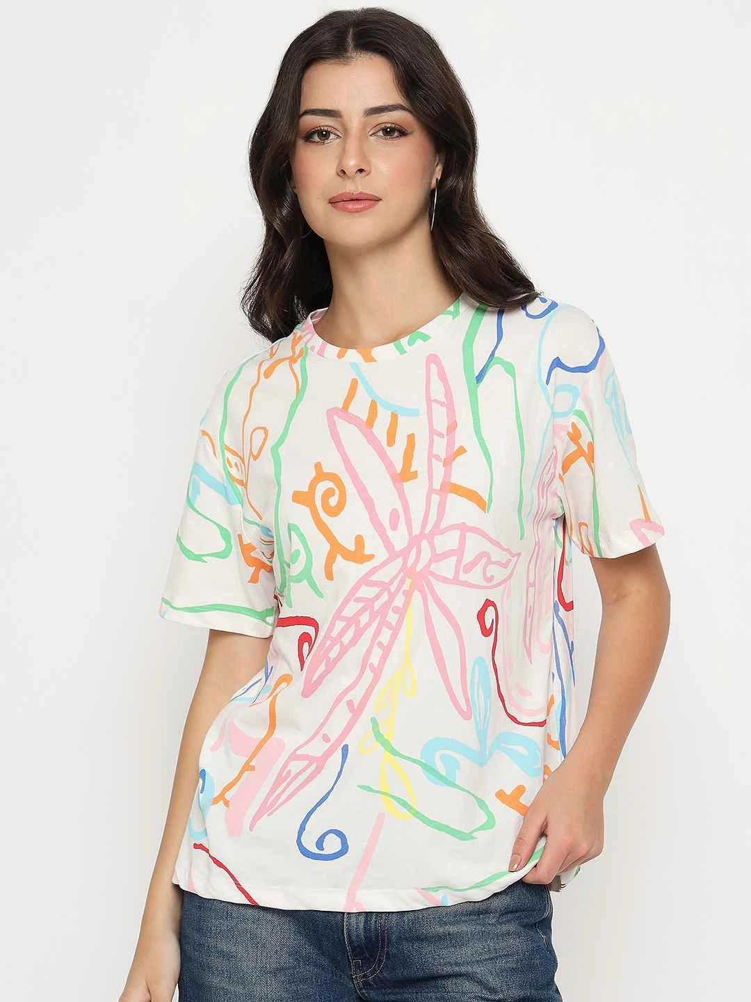 Easy-to-Match Madame All Over Print Half Sleeve White Cotton T-shirt