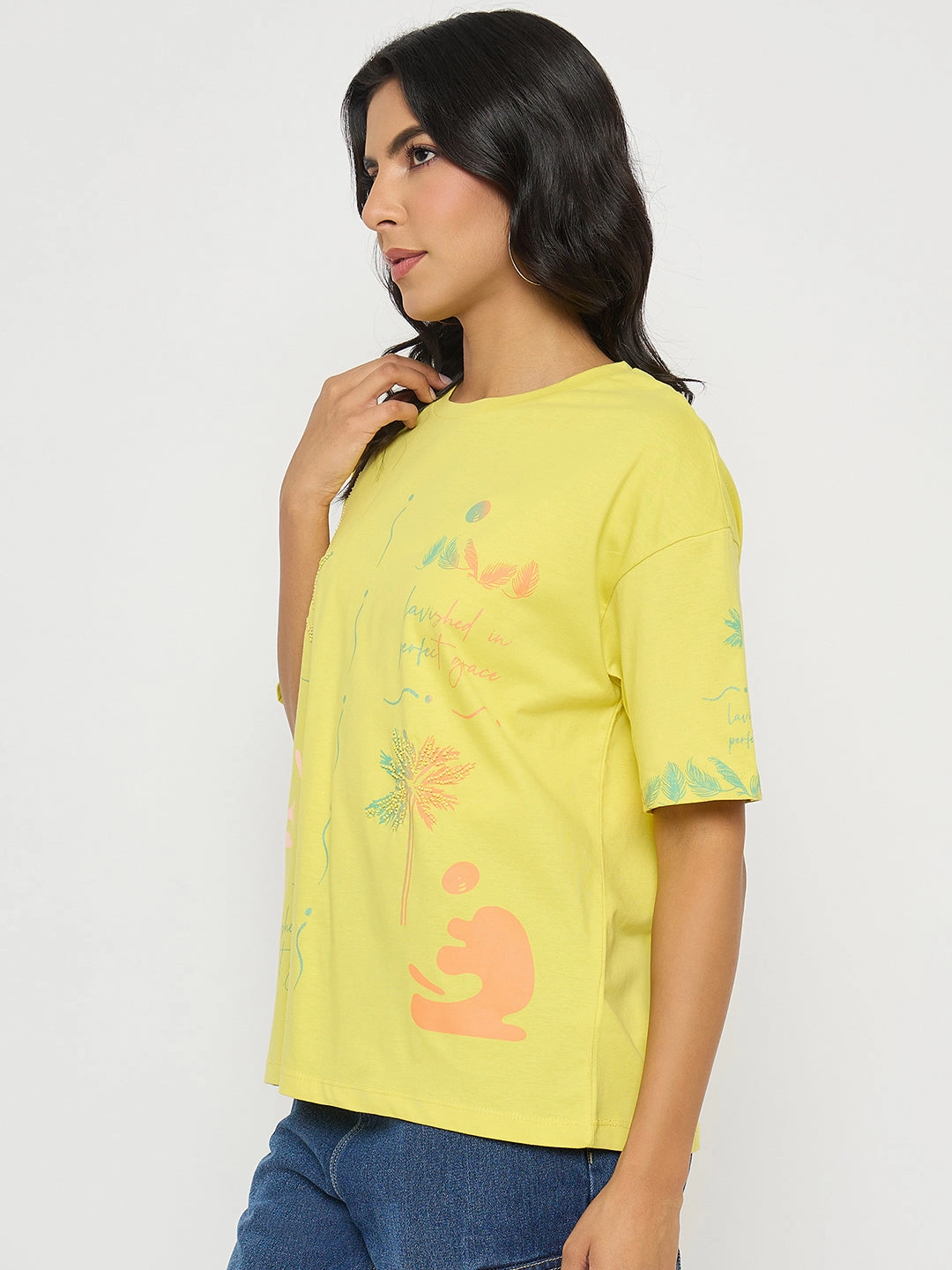 Madame All Over Print Lemon Yellow T-Shirt Breathable Comfort Fit For Movement