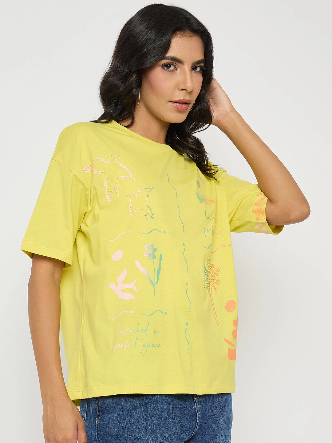 Casual Layer Wear Oeko Tex Certified Madame All Over Print Lemon Yellow T-Shirt