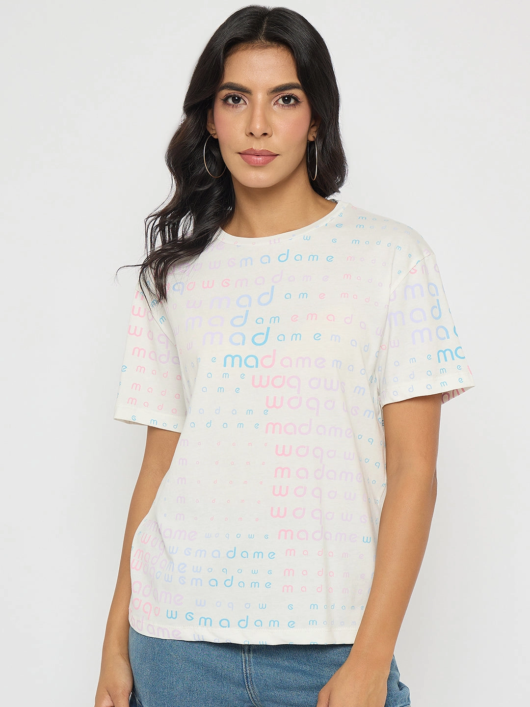 Madame All Over Print White Cotton T-shirt VintageWashEffect