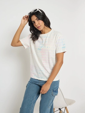 Relaxed Fit Design Madame All Over Print White Cotton T-shirt