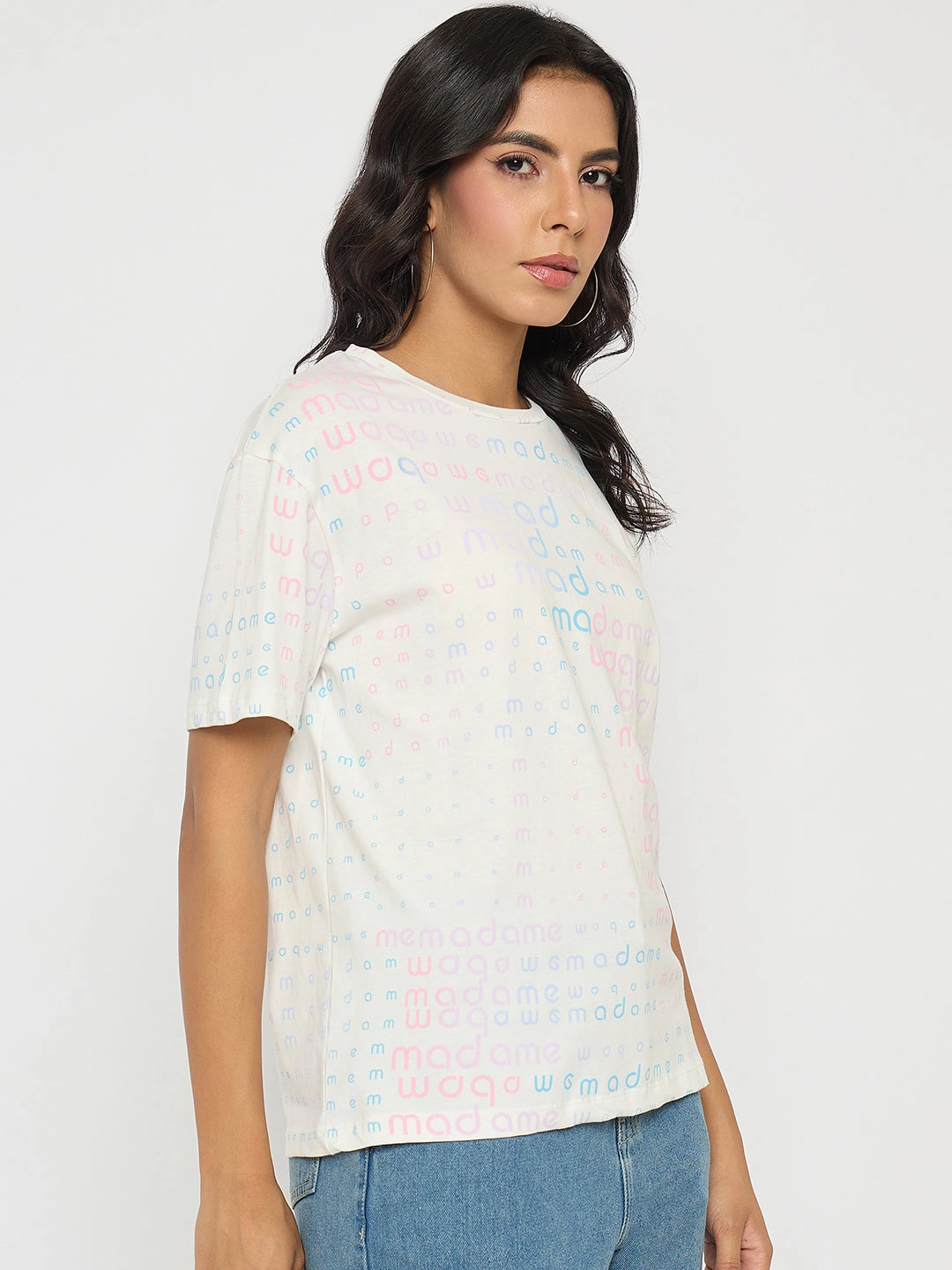 Tear Resistant Knit Timeless casual wear Madame All Over Print White Cotton T-shirt