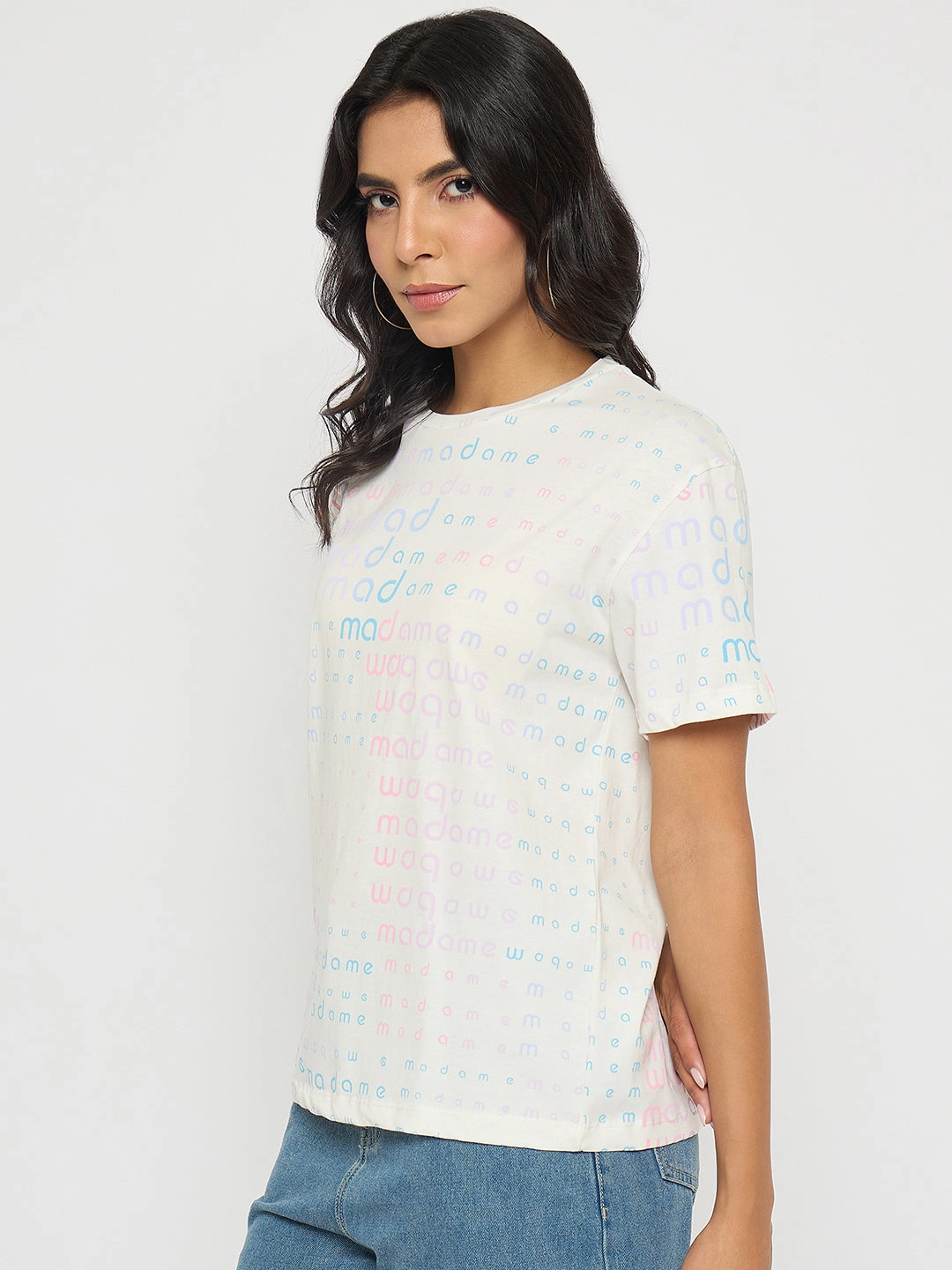 Chilly Weather Style Abrasion resistant Madame All Over Print White Cotton T-shirt