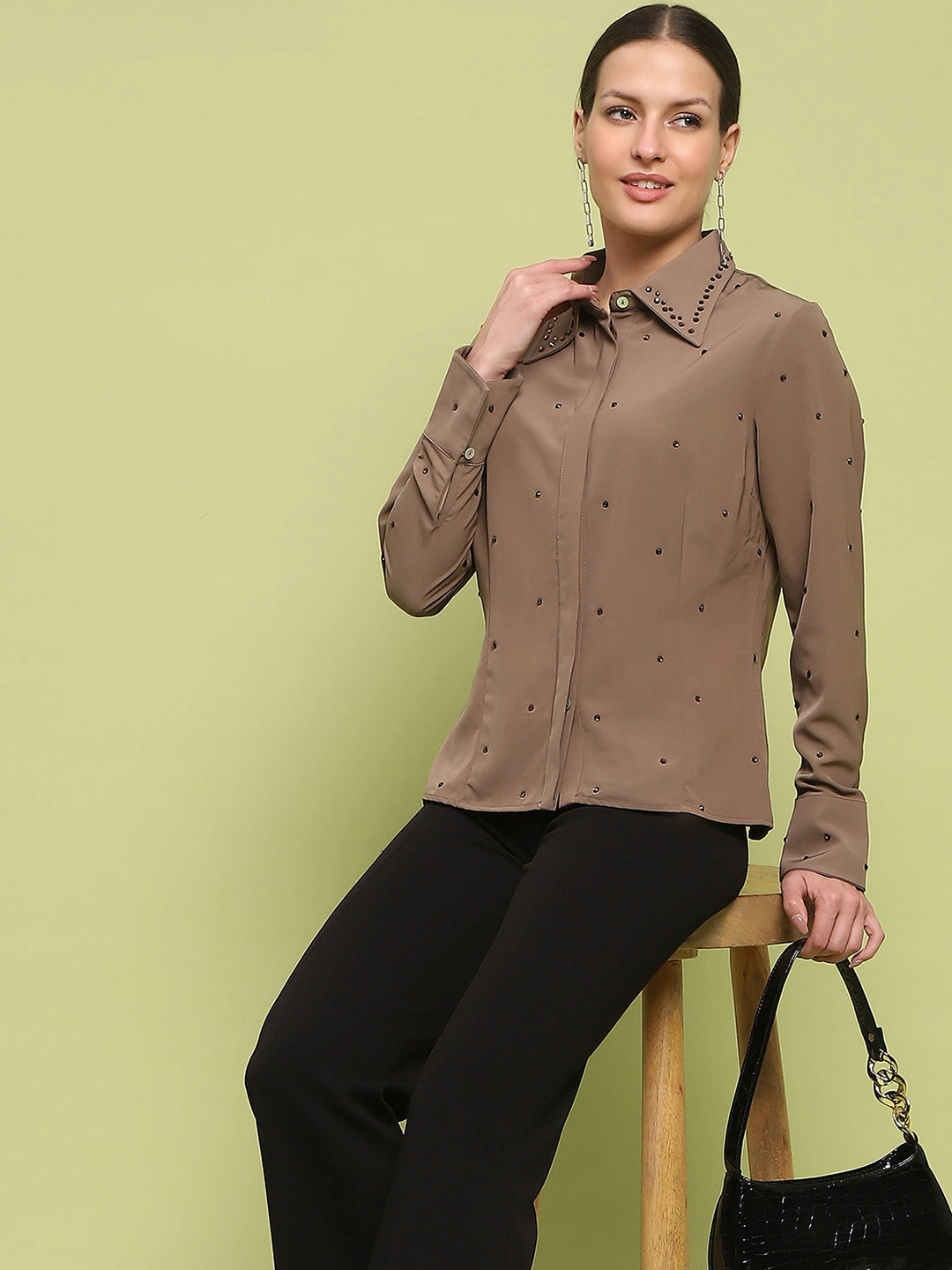 Fashionable Pick Madame Allover Embellished Brown Shirt