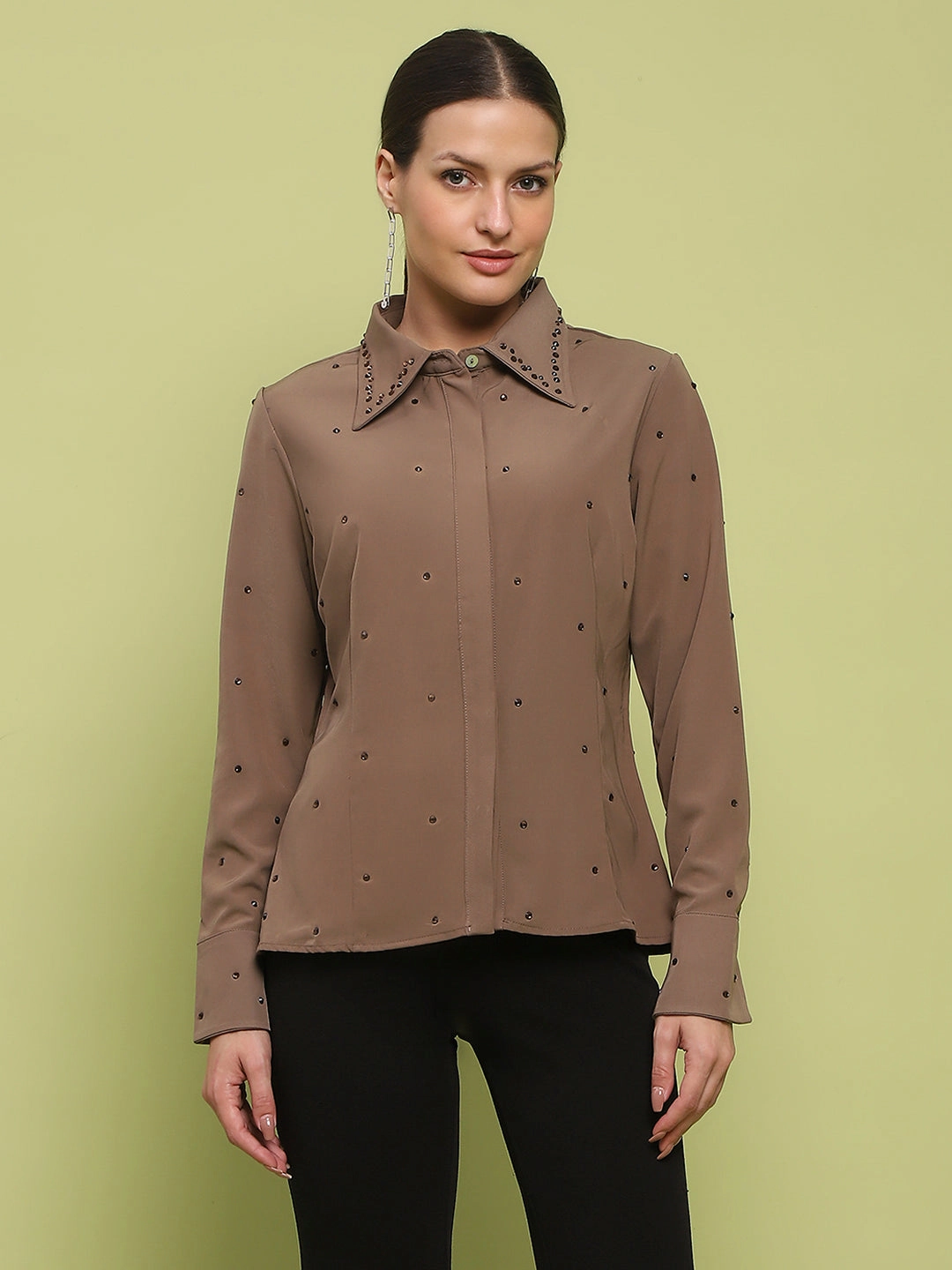 Ombre look Tall Length Madame Allover Embellished Brown Shirt