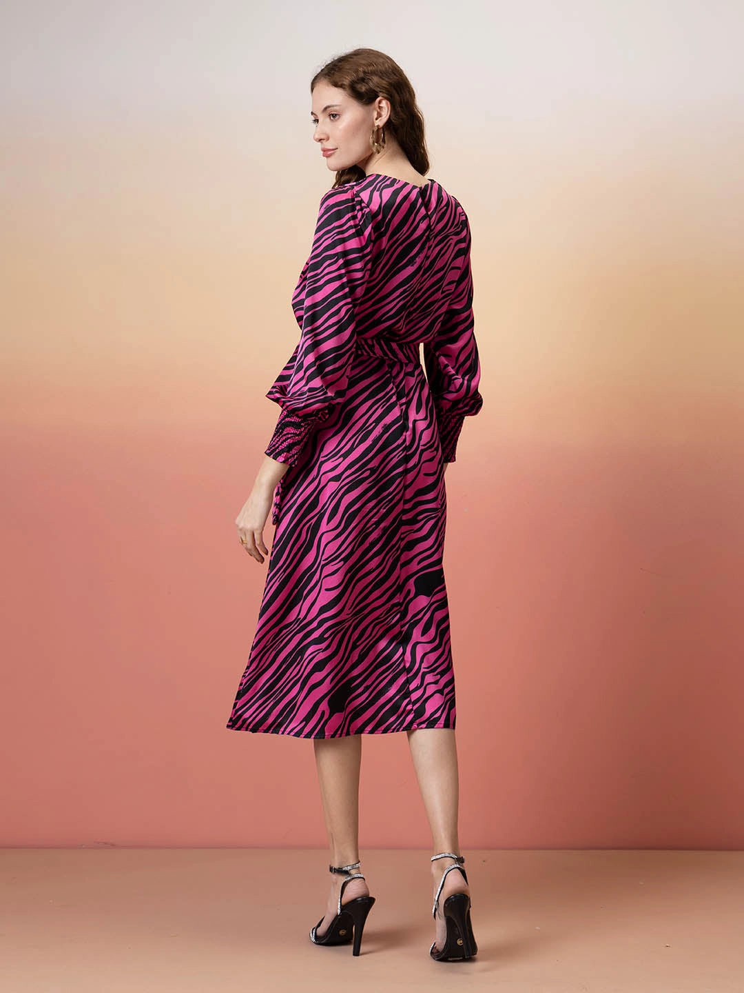 Premium Material Madame Animal Print Fit & Flare Belted Pink Dress