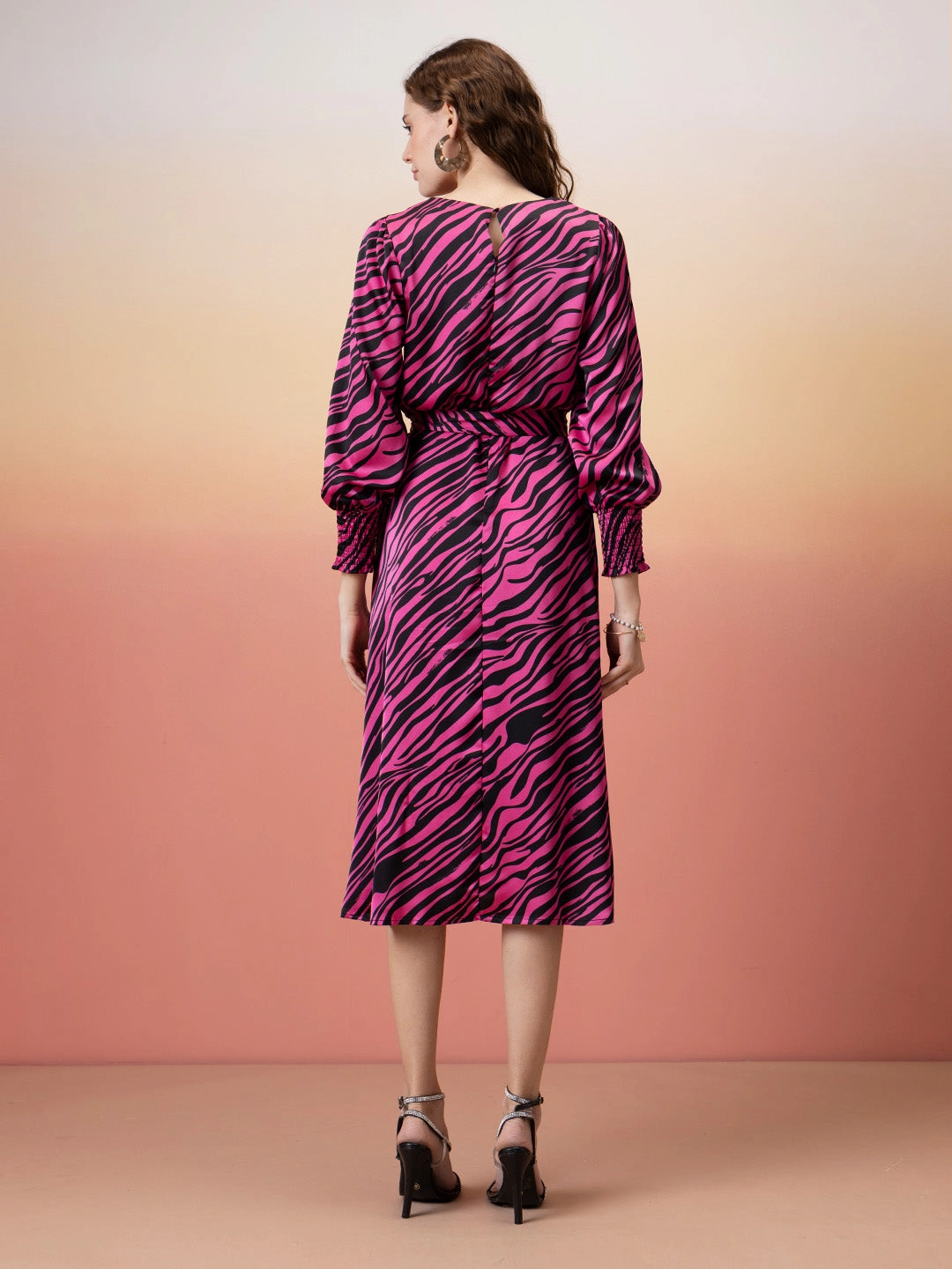 Madame Animal Print Fit & Flare Belted Pink Dress Waist Seam Easy Lovely