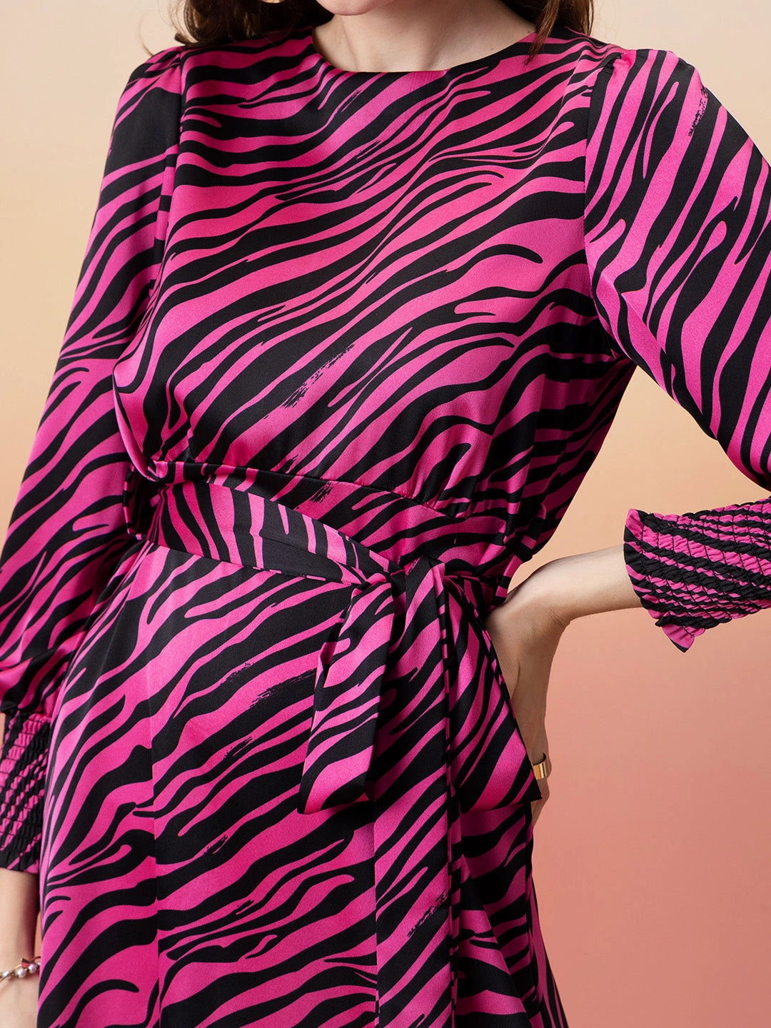 Madame Animal Print Fit & Flare Belted Pink Dress Smooth Outline Sleek Flow