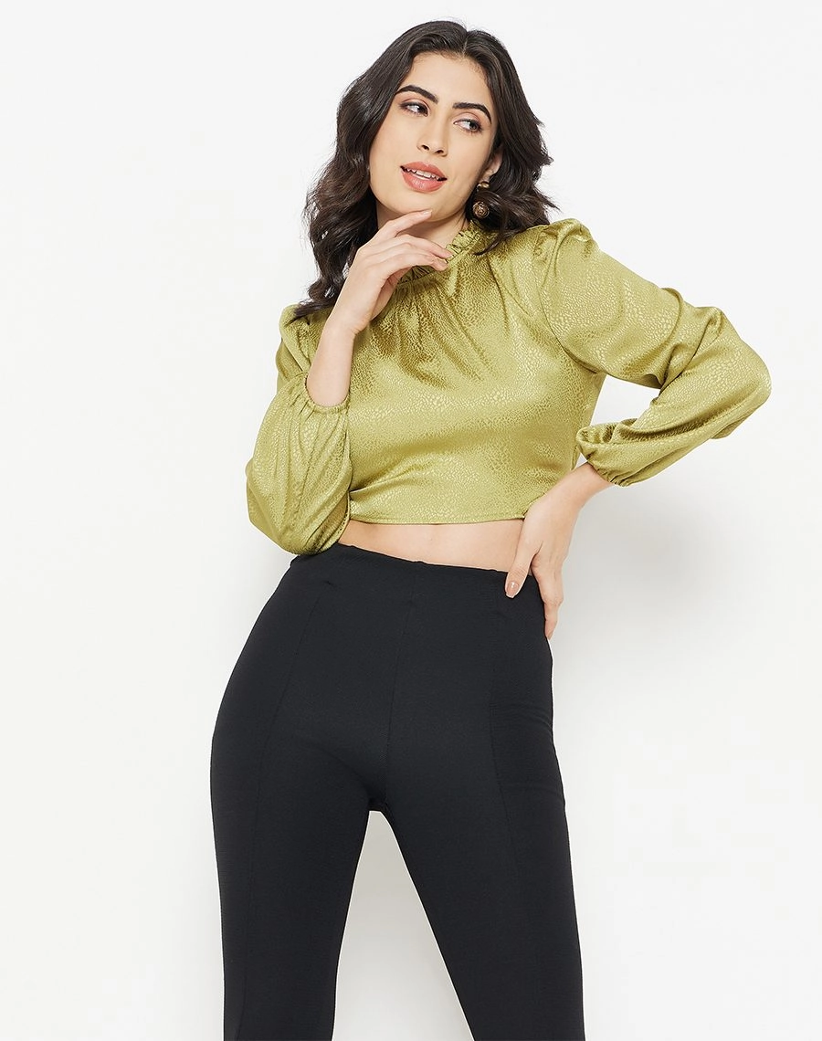 ReflectiveTrimDetails Madame Apple-Green Crop Top