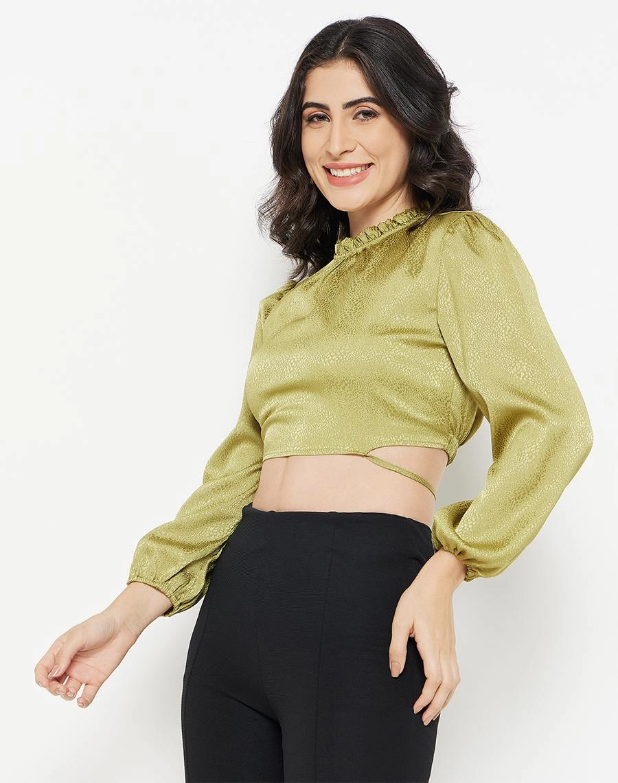 Madame Apple-Green Crop Top Anti Pilling Treatment Ribbed Knit Fabric