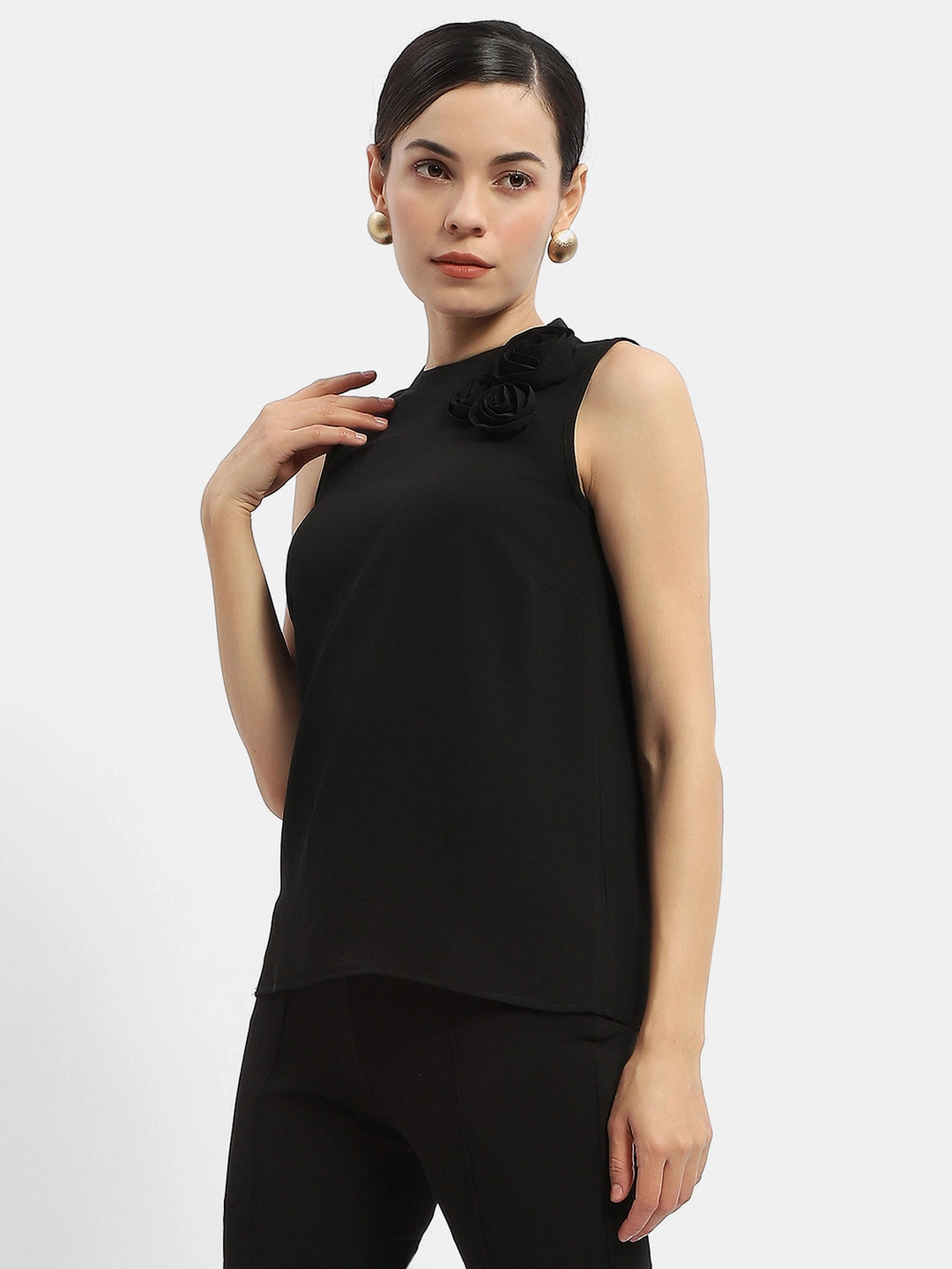 Mesh Lining Slim Silhouette Madame Applique Adorned Black Shimmer Top