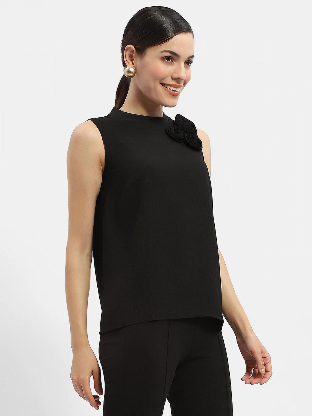 Madame Applique Adorned Black Shimmer Top Cozy Sweatshirt