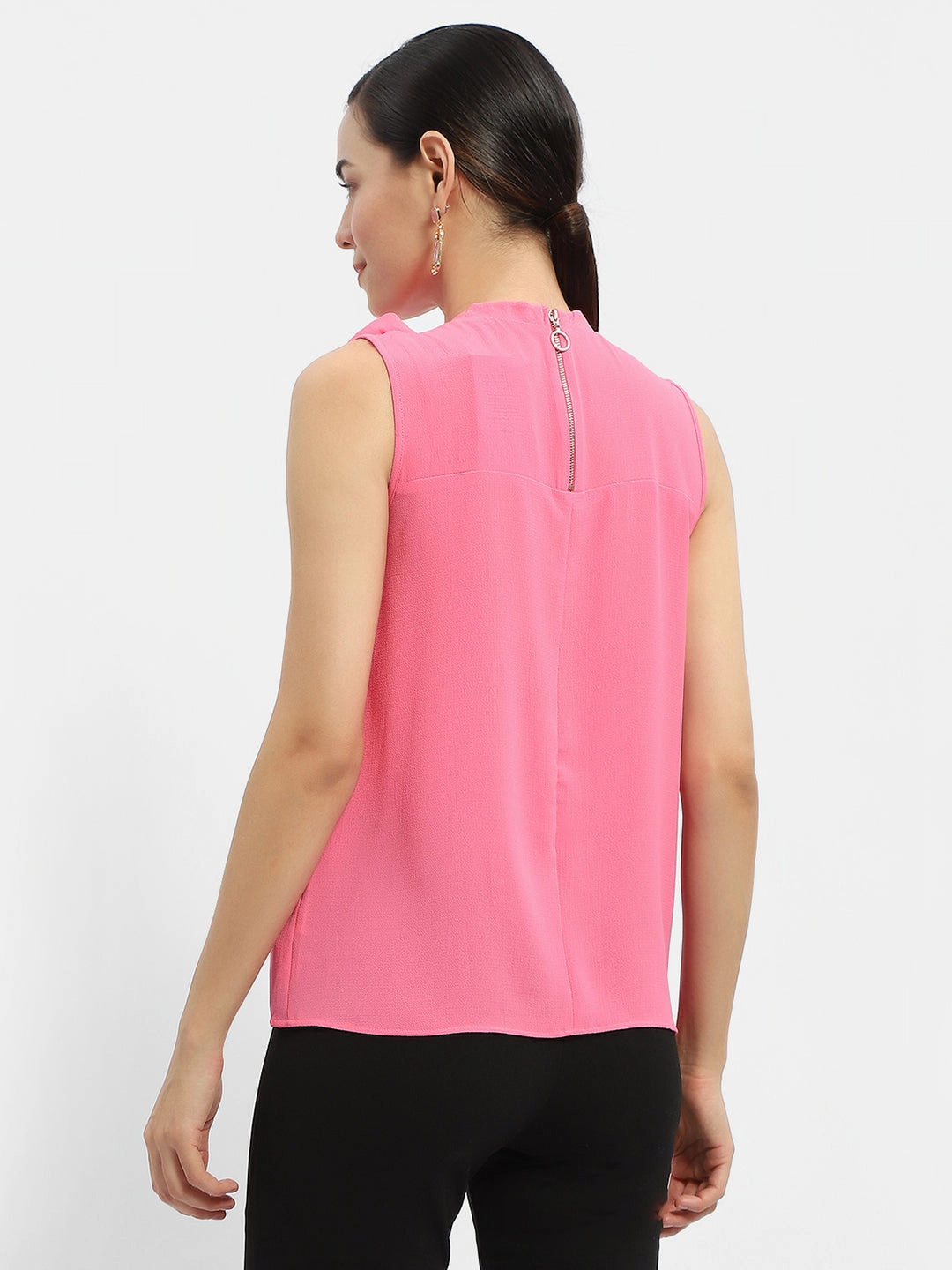 Double Stitched Hems Sporty Style Madame Applique Adorned Fuschia Pink Shimmer Top