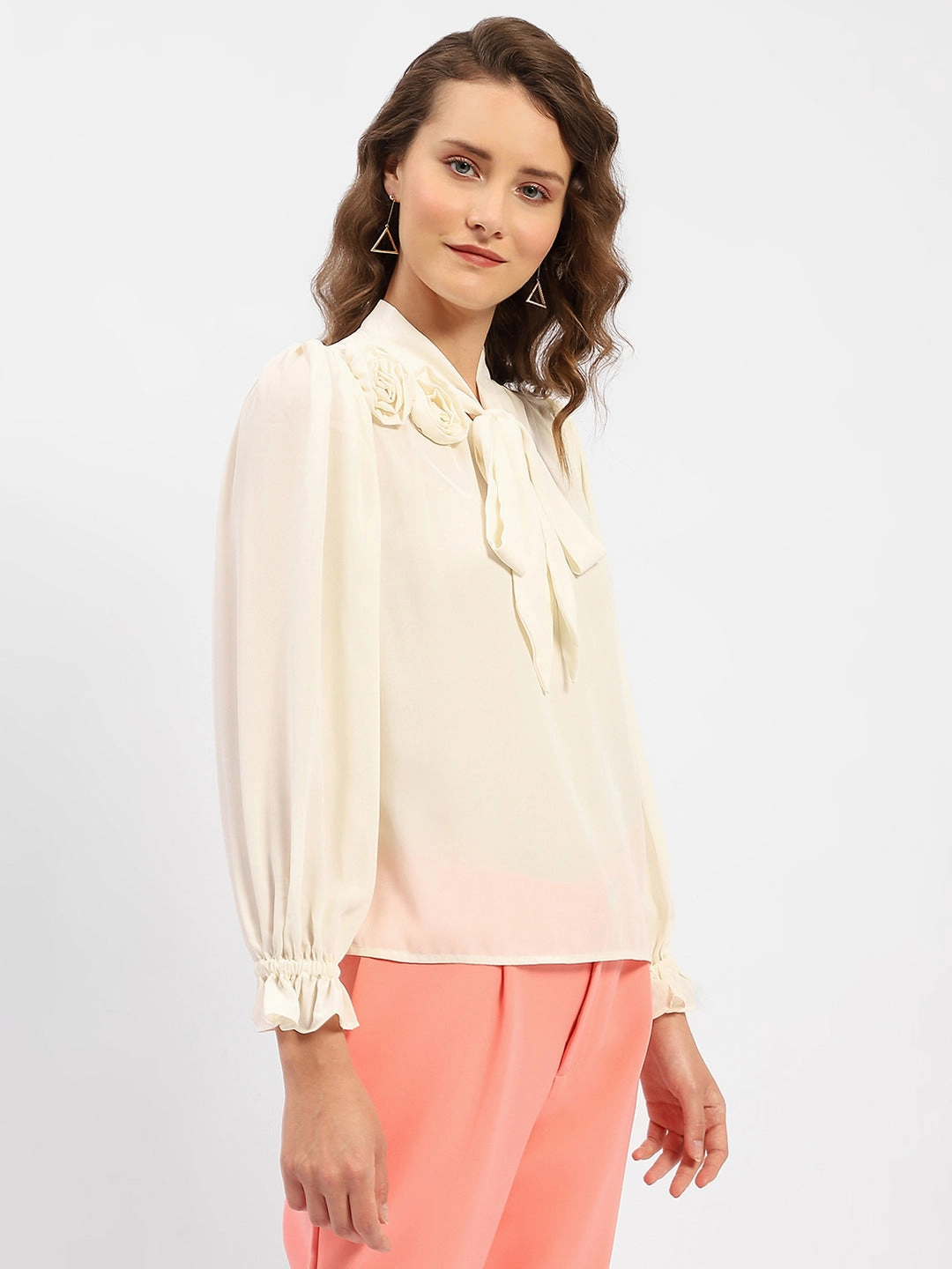 Comfortable Layer Earthy Palette Madame Applique Adorned Off-White Shirt