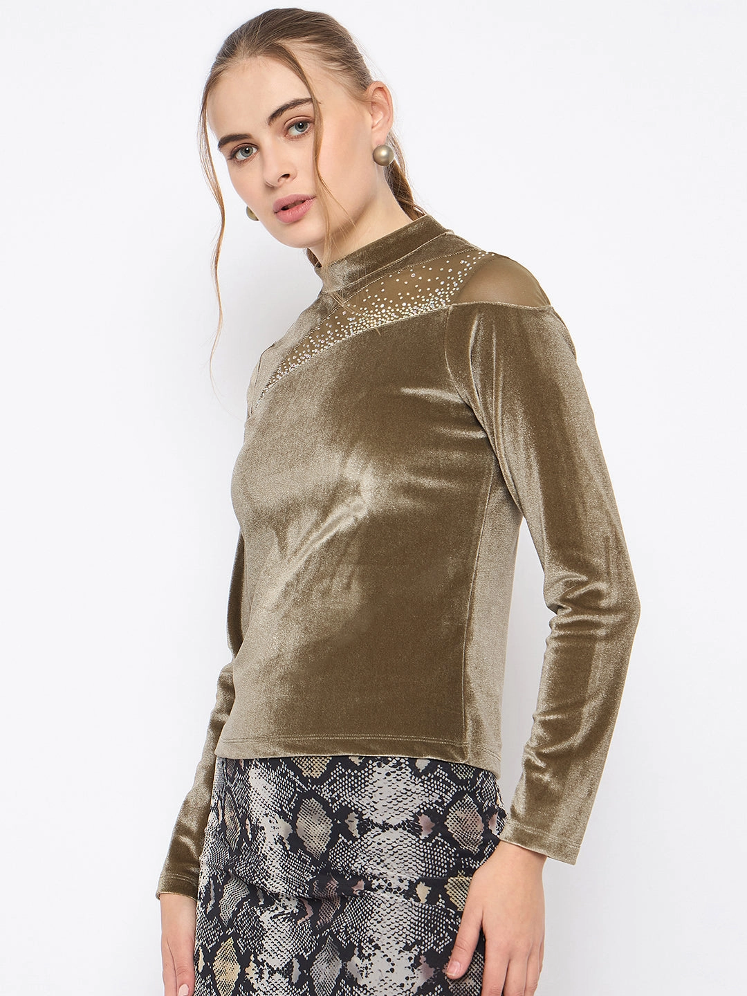 Biodegradable Fiber Madame Band Neck Sew Detailed Swarovski Embellished Olive Velvet Top
