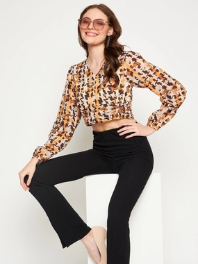 Madame Beige Floral V-Neck Top Low Profile Seaming
