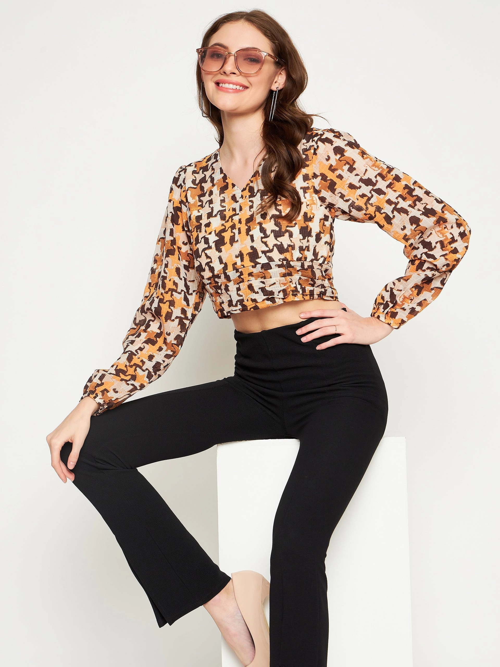Madame Beige Floral V-Neck Top Low Profile Seaming