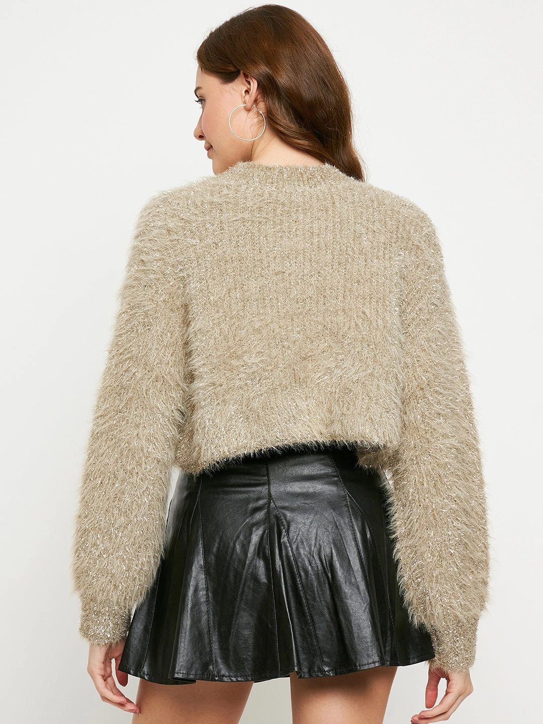 Madame Beige Shimmery Feather Knit Sweater Ribbed cuff Versatile Stretch