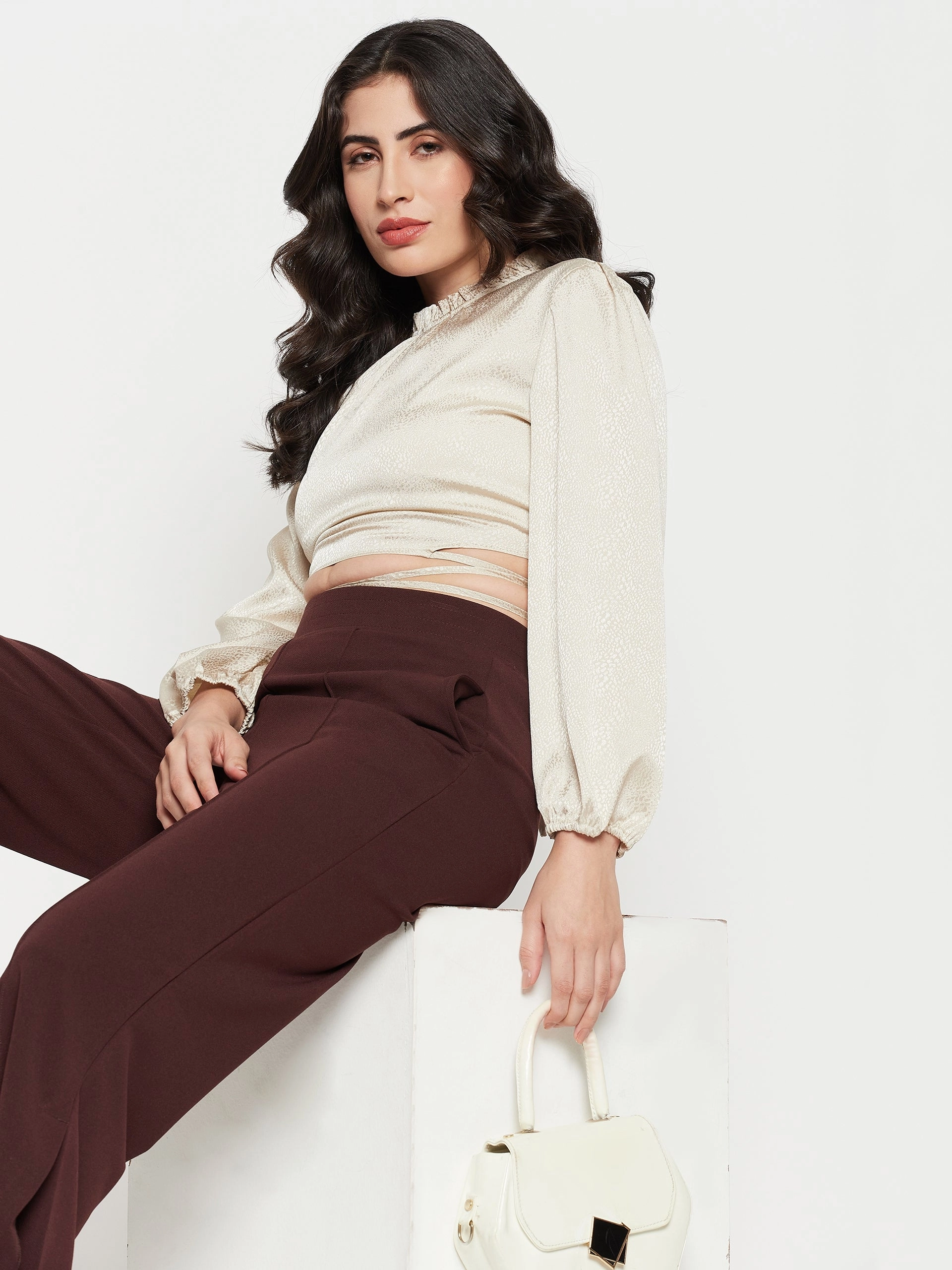 Madame Beige Tie-Up Waist High-Neck Top WrinkleResistant Fabric Heather Effect Finish