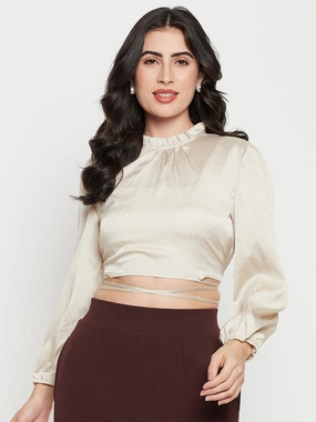 HygienicCoating Madame Beige Tie-Up Waist High-Neck Top
