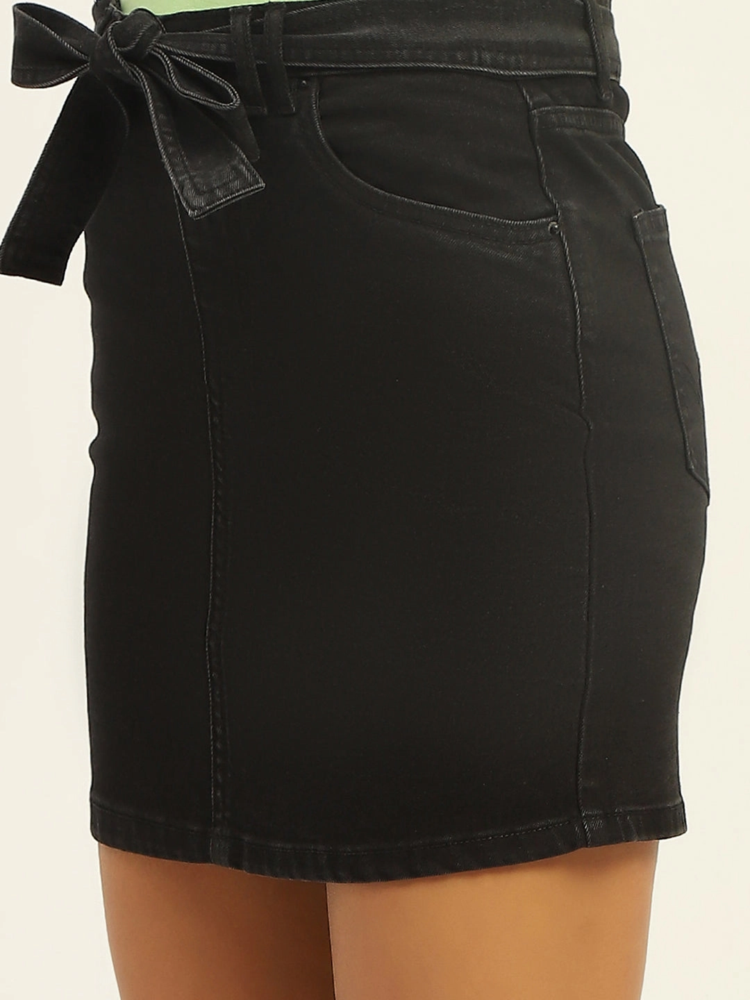 light texture Faux Leather Madame Belted Black Denim Mini Skirt
