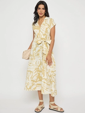 Elegant Touch Office Tone Madame Belted Fit and Flare Beige Wrap Dress