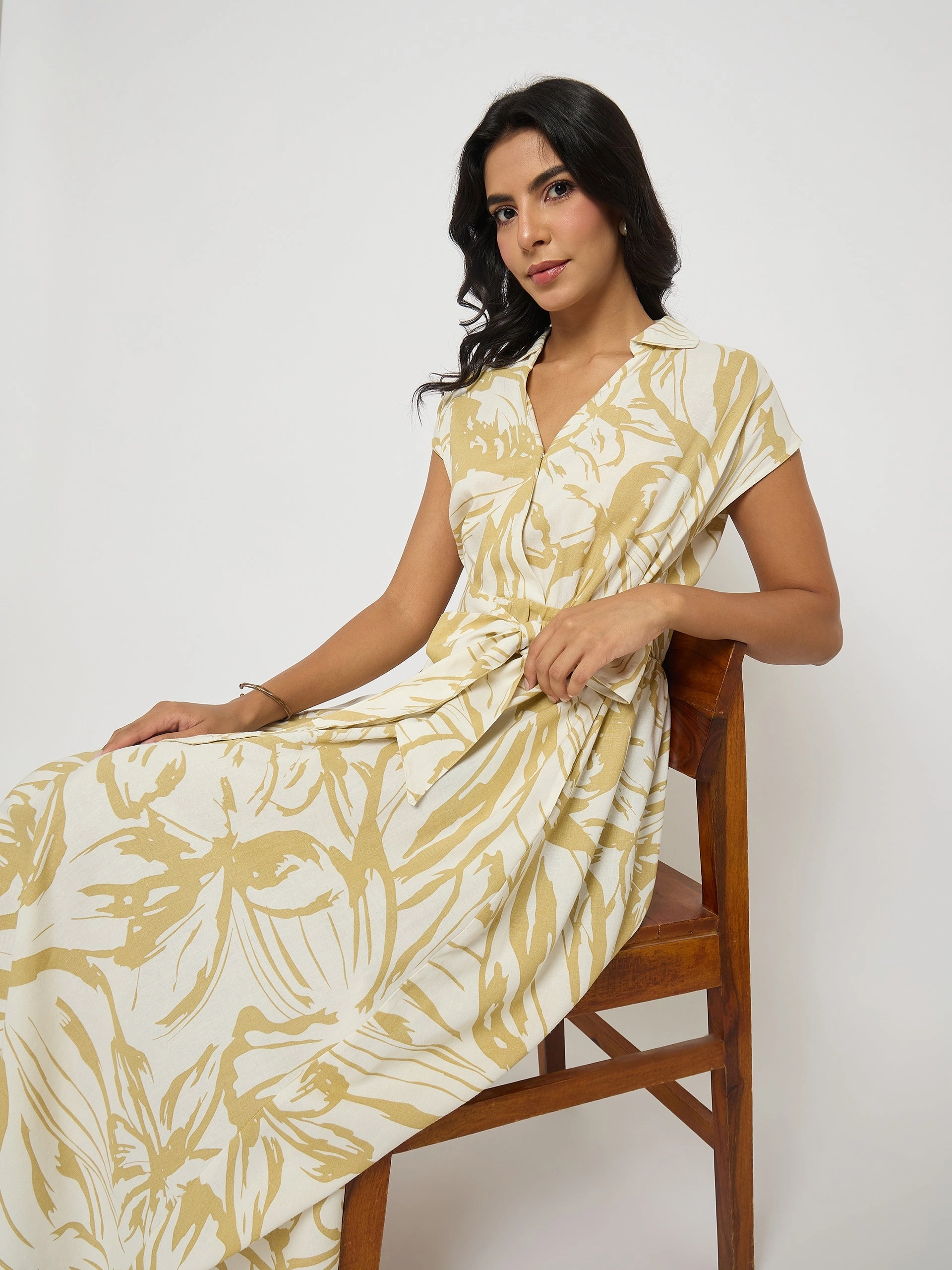 Madame Belted Fit and Flare Beige Wrap Dress Smocked-Detail Premium Material
