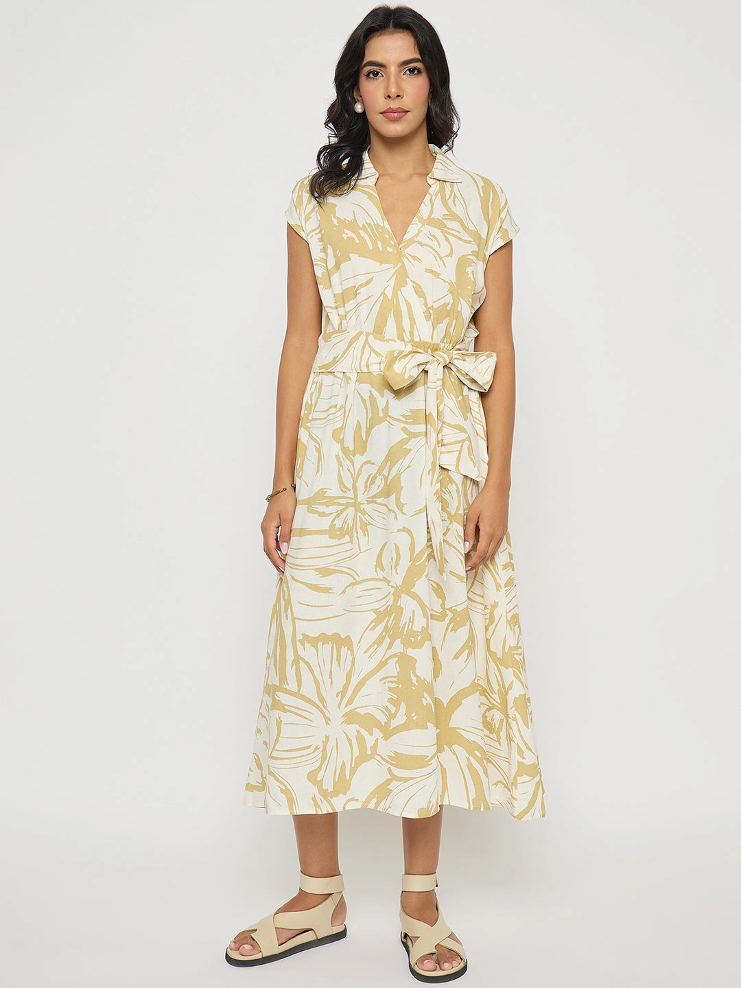 Summer Mood Sophisticated Touch Madame Belted Fit and Flare Beige Wrap Dress