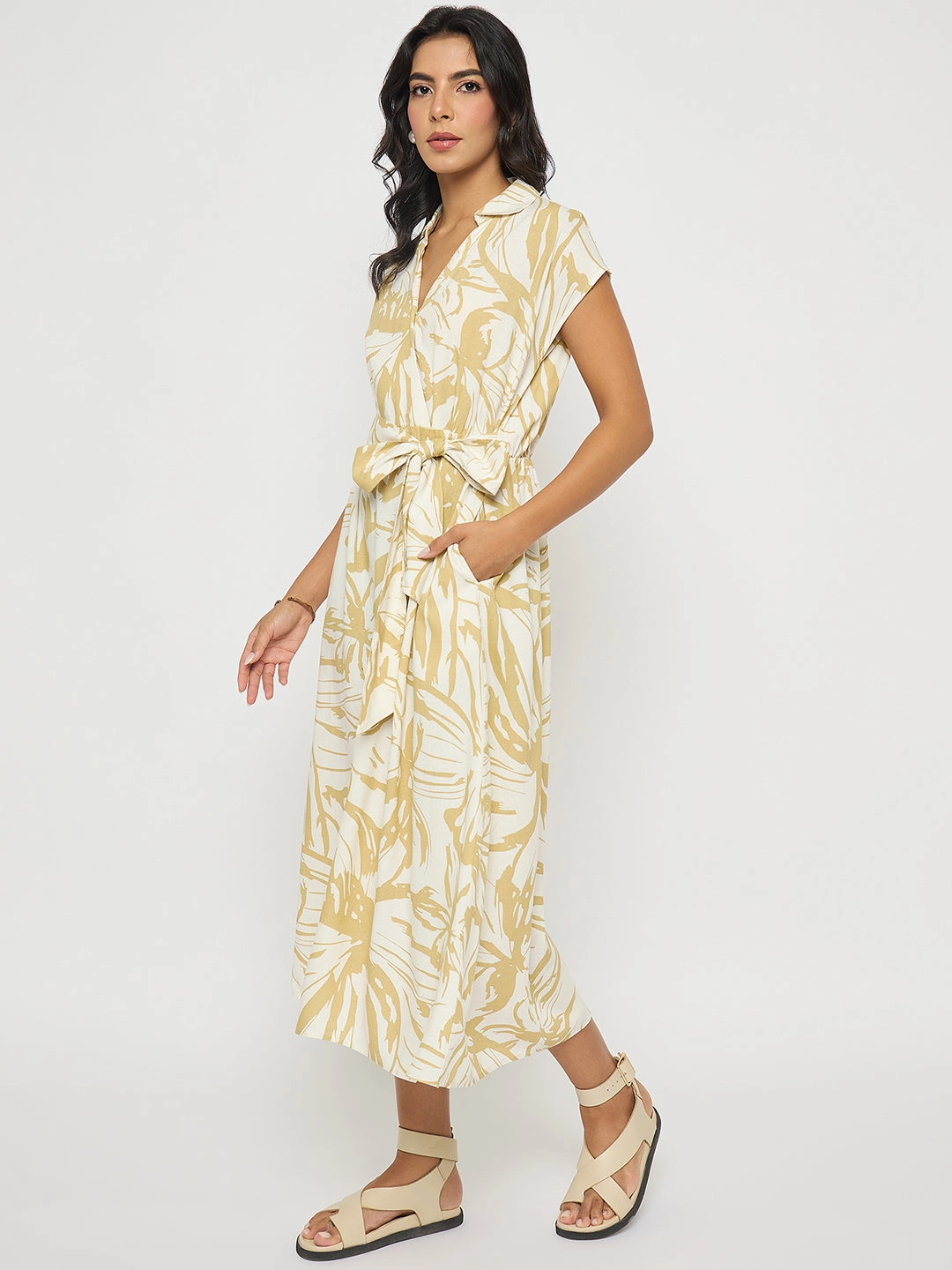 Slit-Hem Madame Belted Fit and Flare Beige Wrap Dress