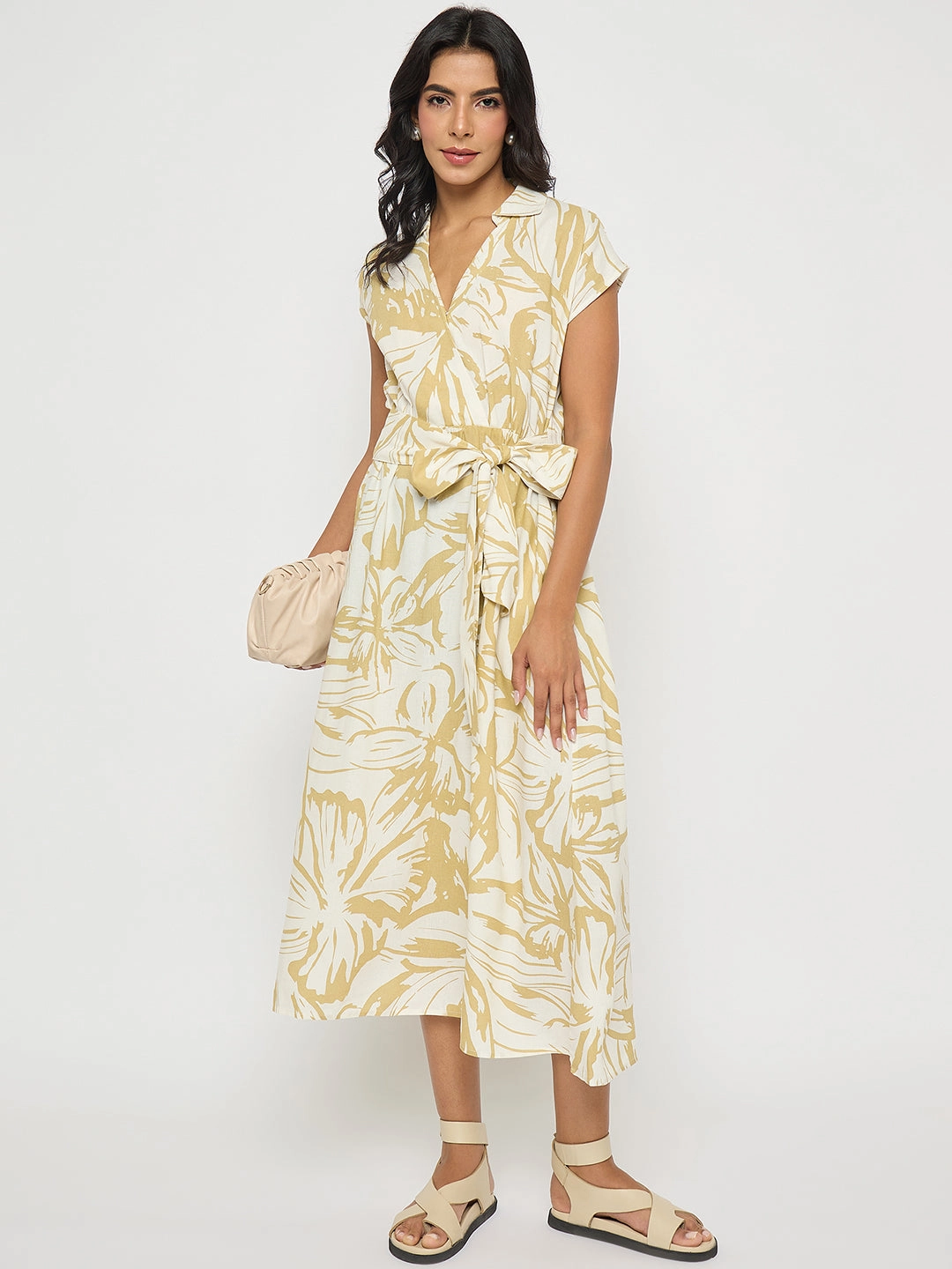 Elegant Touch Office Tone Madame Belted Fit and Flare Beige Wrap Dress
