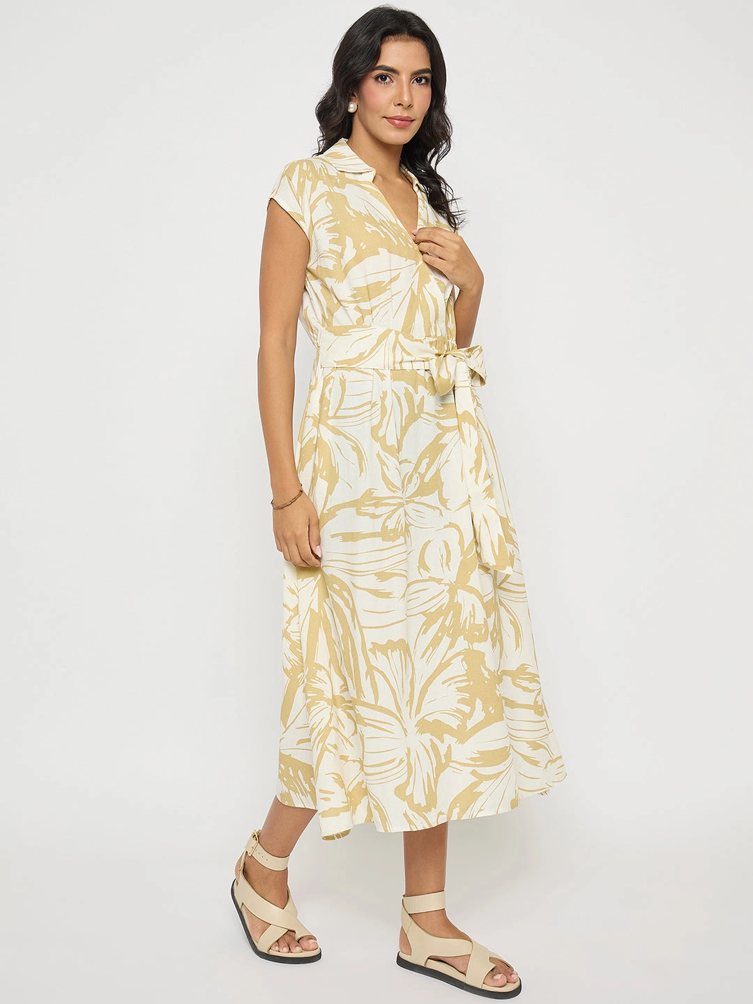 Madame Belted Fit and Flare Beige Wrap Dress Fresh Texture Soft Appearance