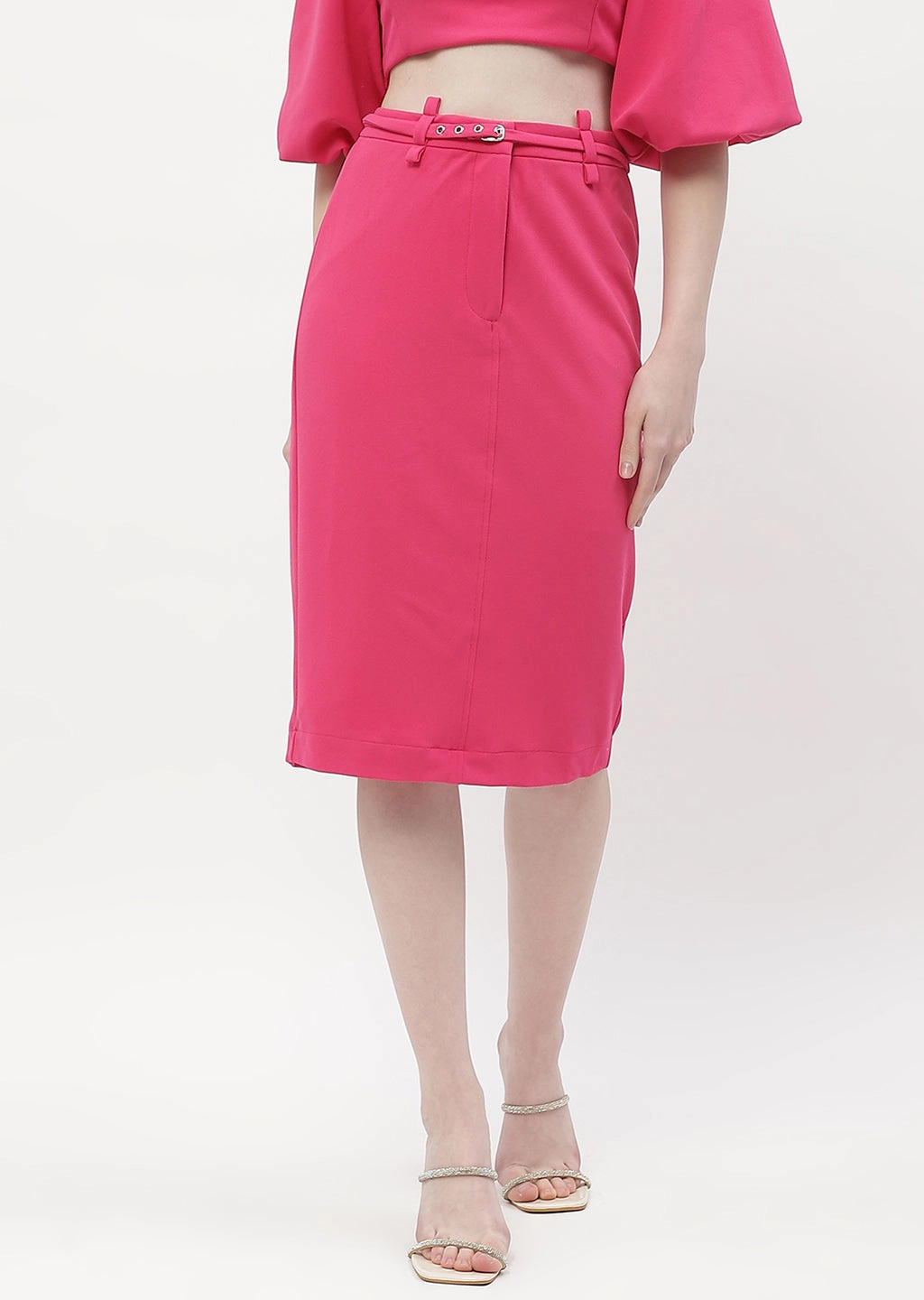 Madame Belted Waisted Hot Pink Pencil Skirt Sleek Comfort