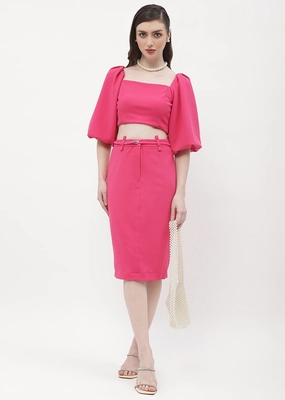Cashmere Touch Twist Front Design Madame Belted Waisted Hot Pink Pencil Skirt