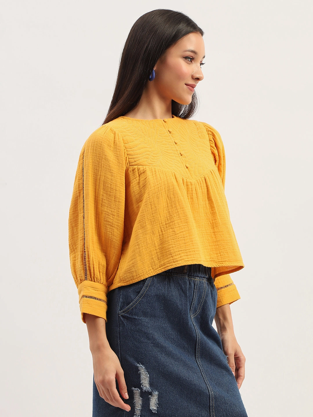 Madame Bishop Sleeve Mustard Yellow Top Thermal Insulation Layer