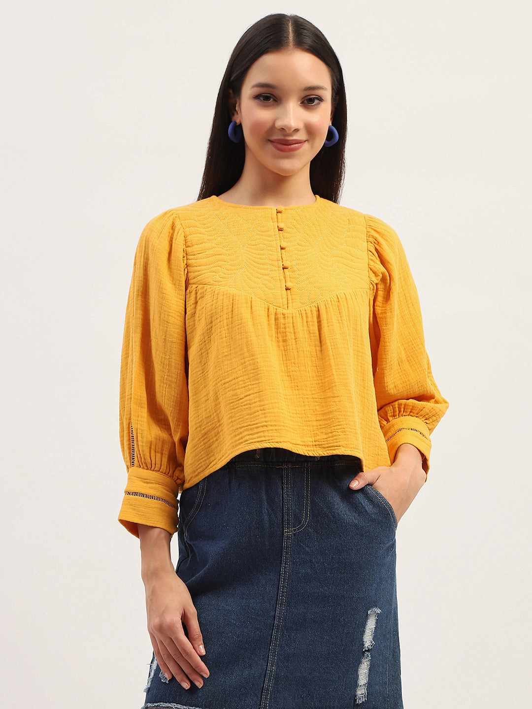 Reflective details AntiStatic Coating Madame Bishop Sleeve Mustard Yellow Top